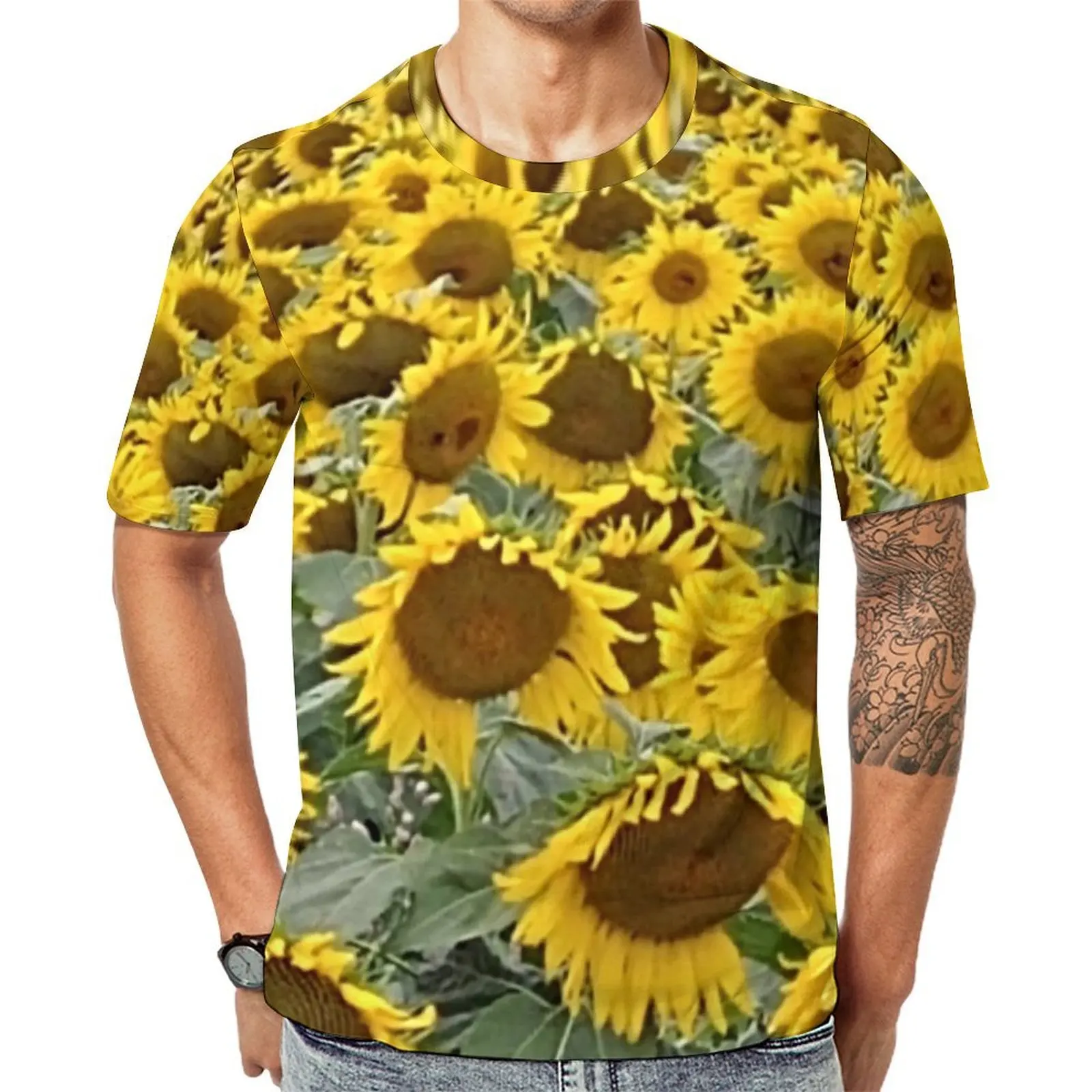Male Big Sunflower Field T Shirt Yellow Floral Print Trendy T Shirts Short Sleeve Graphic Tops Cheap Awesome Oversized Clothing