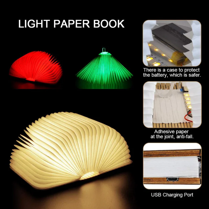 3D Folding LED Night Light Recharge Wooden Book Light 3/5 Colors Decor Bedroom Desk Table Lamp for Kids Family