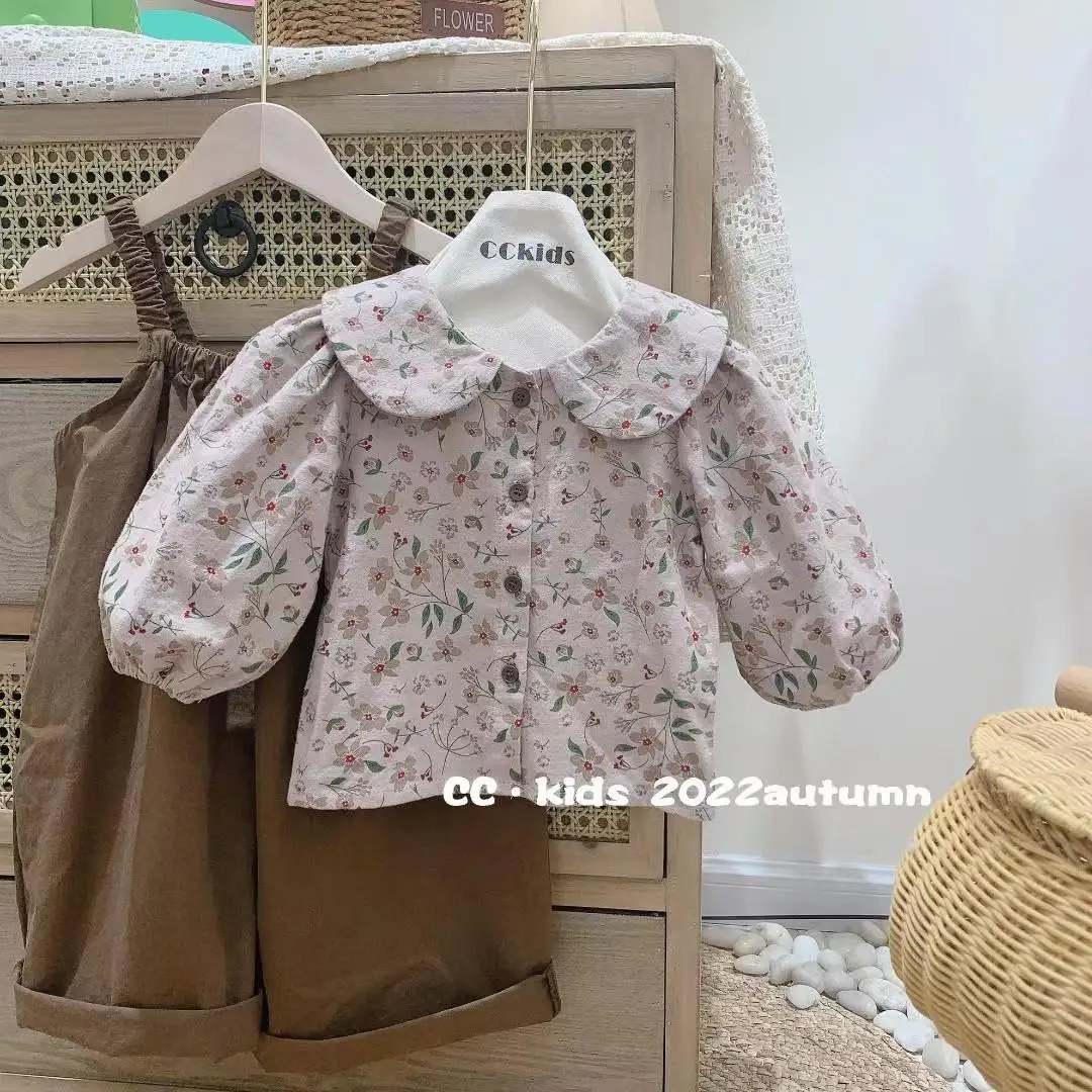 Girls Children Sets New Spring Autumn Two Piece Set Girl Baby Korea Strap Pants Fragmented Flowers Shirt Vintage Stripe