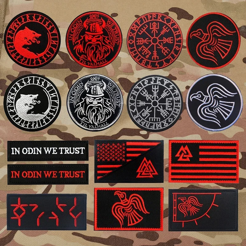 Red Northern Europe Viking Compass Norse Rune Tactical Embroidered  Patch Stickers On Clothing With Hook And Loop