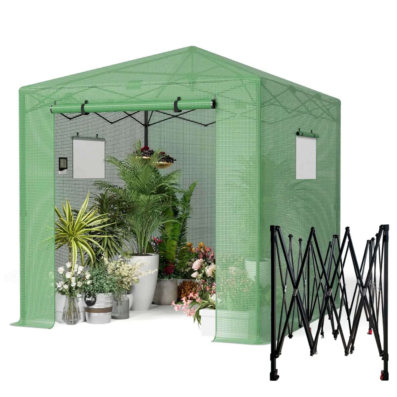 8x6 FT Walk‑in Green House for Outdoors, Pop‑up Portable Greenhouse with Roll‑Up Door & Mesh Windows, Easy Setup