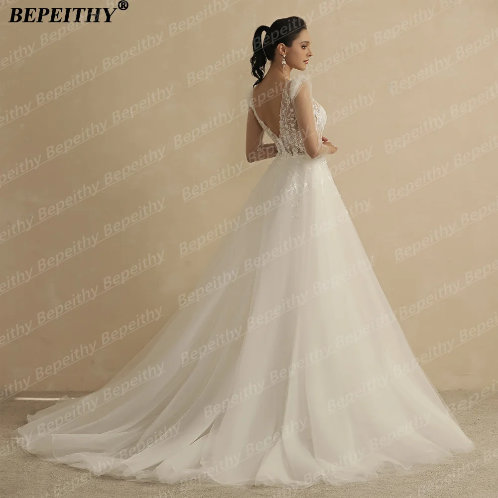 BEPEITHY Customized V Neck Full Sleeves Boho Wedding Dresses 2025 Sexy Backless Ivory Bridal Gown Party Vestidos For Women