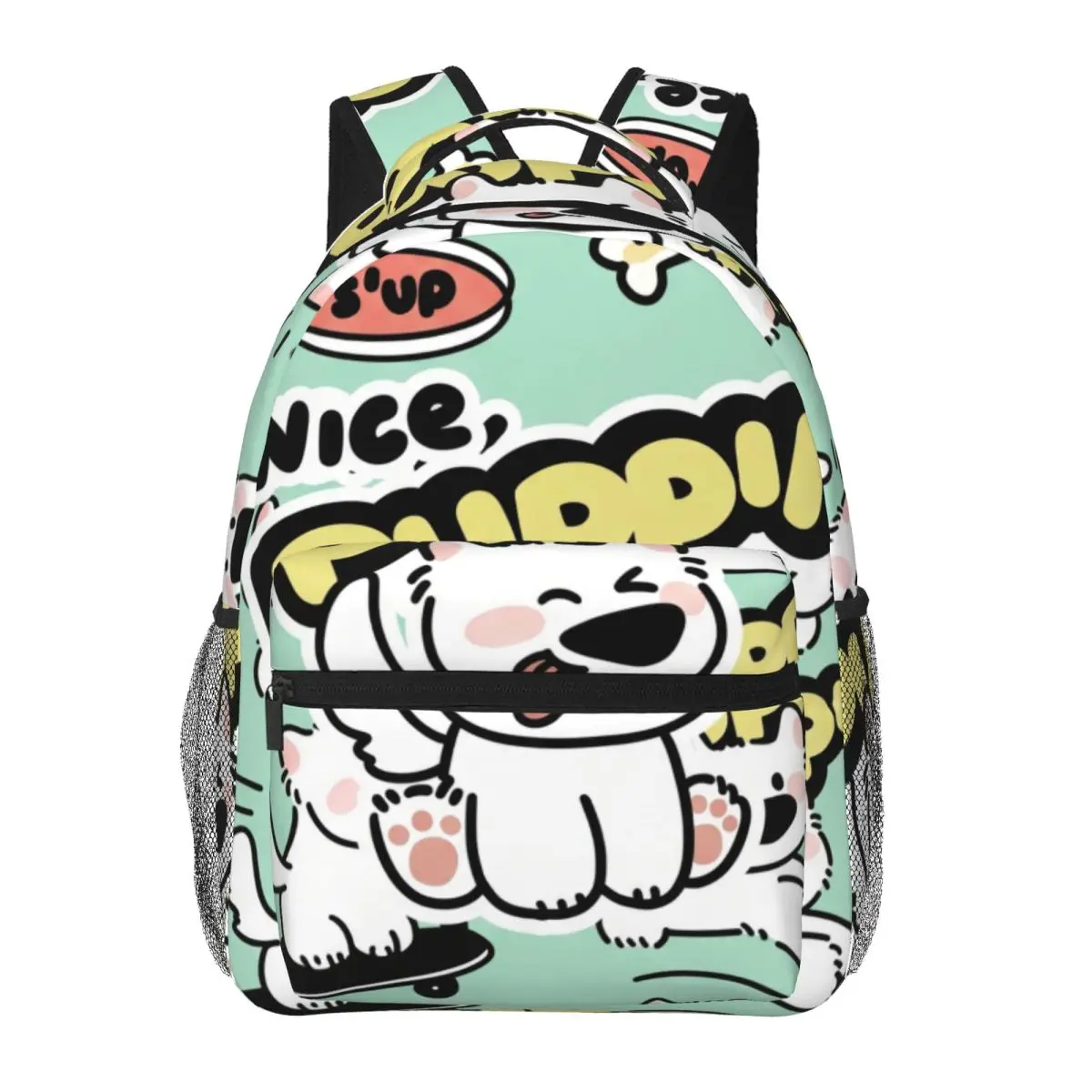 College Campus Backpack Tossed Puppy Stickers Whimsical Illustration Solid Mint Green Multi Polyester Bookbag for Laptop Work