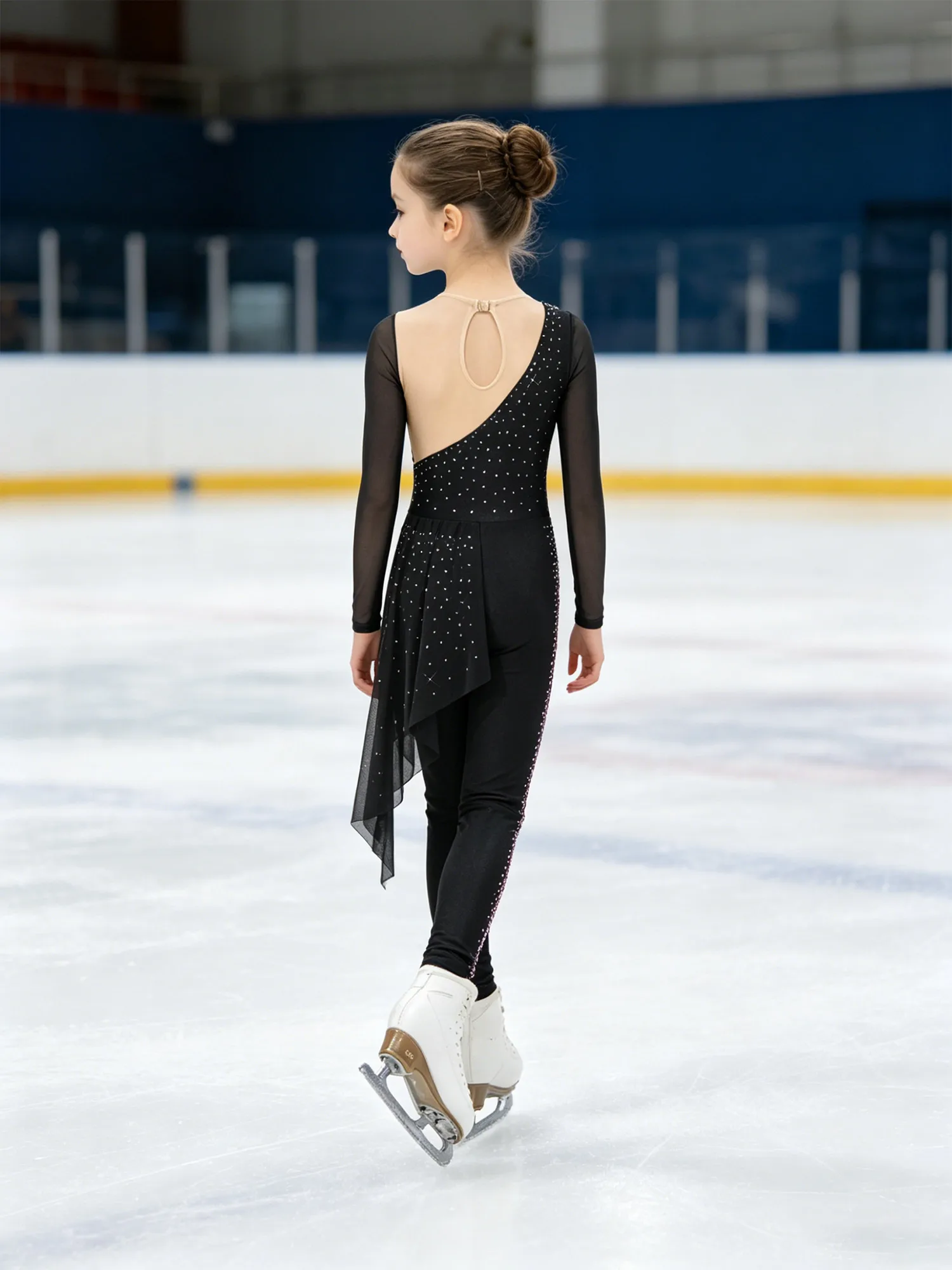 Irregular Mesh Rhinestone Ballet Dance Bodysuit for Kids Girls Long Sleeve Keyhole Back Acrobatics Gymnastics Dance Jumpsuit