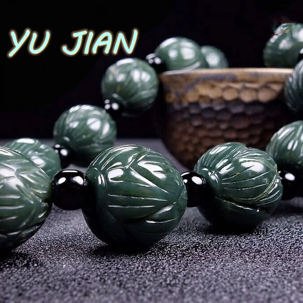Hetian Jade Green Jadeite Buddha Bead Hand String Bracelet Lotus Rosary Car-Pendant Pendant Simple Decoration Chain Fine Jewelry