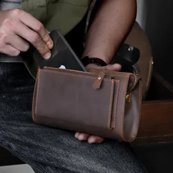 Crazy Horse Leather Men Long Purse Wallet Credit Card Zipper Wallets Male Clutch Bag with Phone Pocket Business Long Wallet