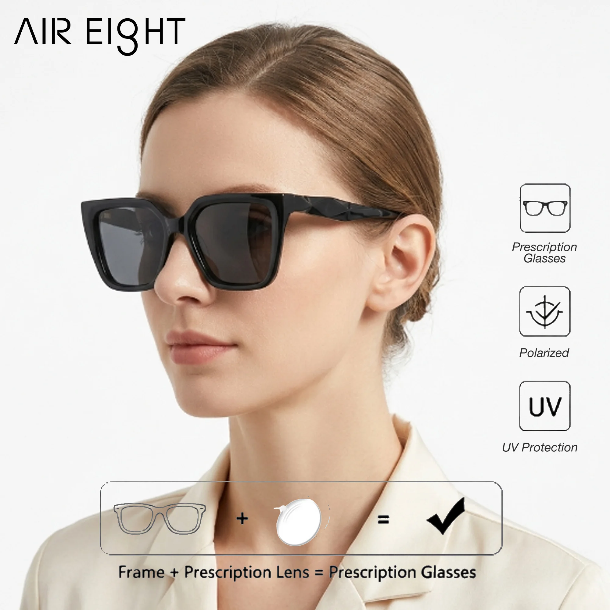 AIR EIGHT M Size Square Cat‑eye For Unisex Acetate Prescription Sunglasses Polarized UV400 Minimalist Outdoor Leisure Eyeglasses