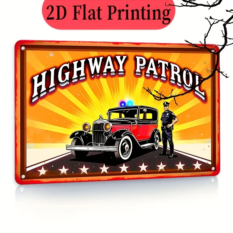 Highway Patrol Metal Sign - Retro Police Car & Officer Wall Art with Bold Lettering, Stars & Stripes Design - Durable Iron Wall