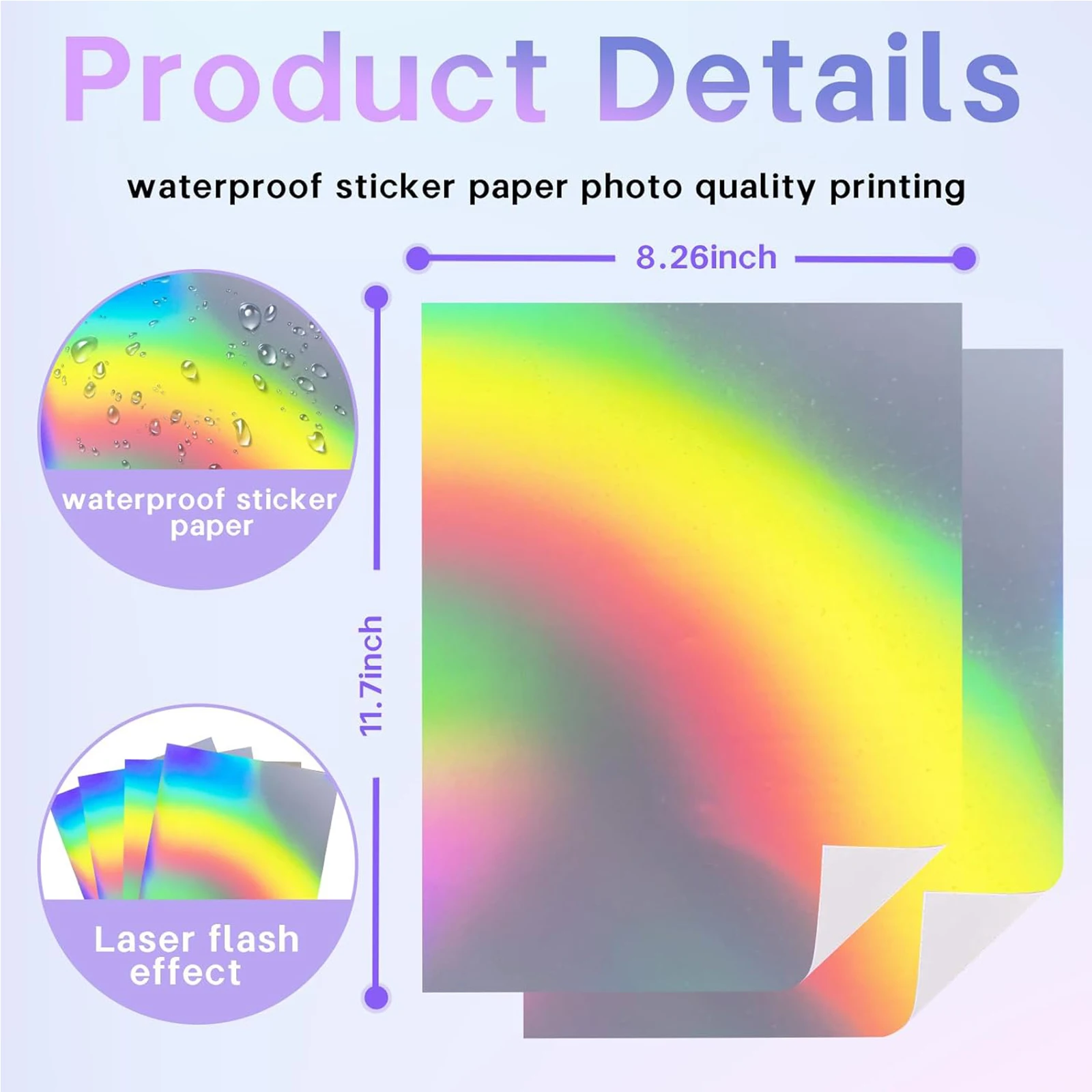 10/20 Sheets Holographic Sticker Paper for Inkjet & Laser Printer, Printable Vinyl Rainbow Sticker Paper Waterproof Self-Adhesiv