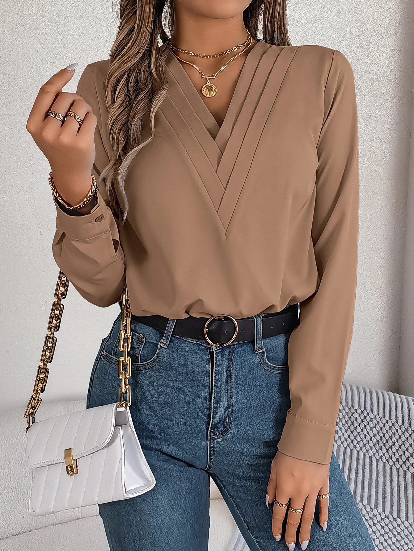 Spring Summer Casual Solid Color Triple V-Neck Long Sleeve Shirt Women Tops