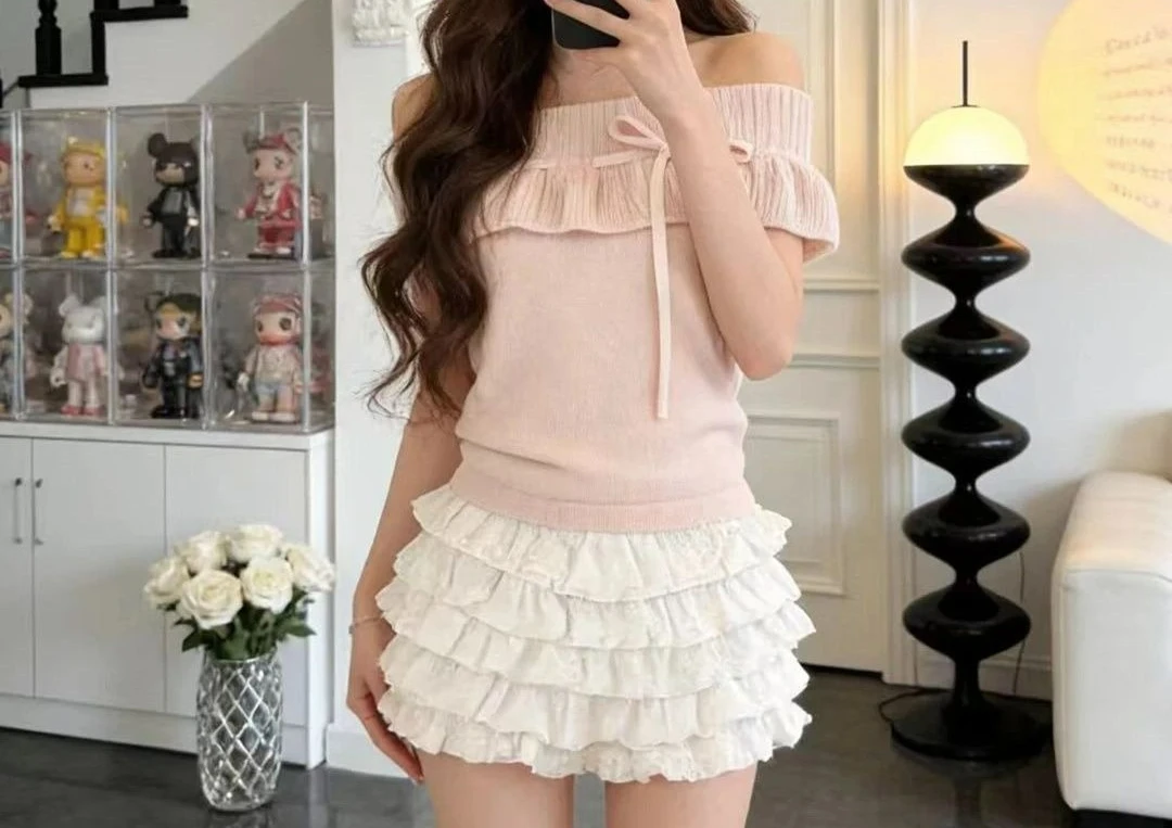 Gentle Wind One-word Collar Ruffle Edge Off-the-shoulder Short-sleeved Knitted Sweater Women's Design Sense Summer Slim-fit Top