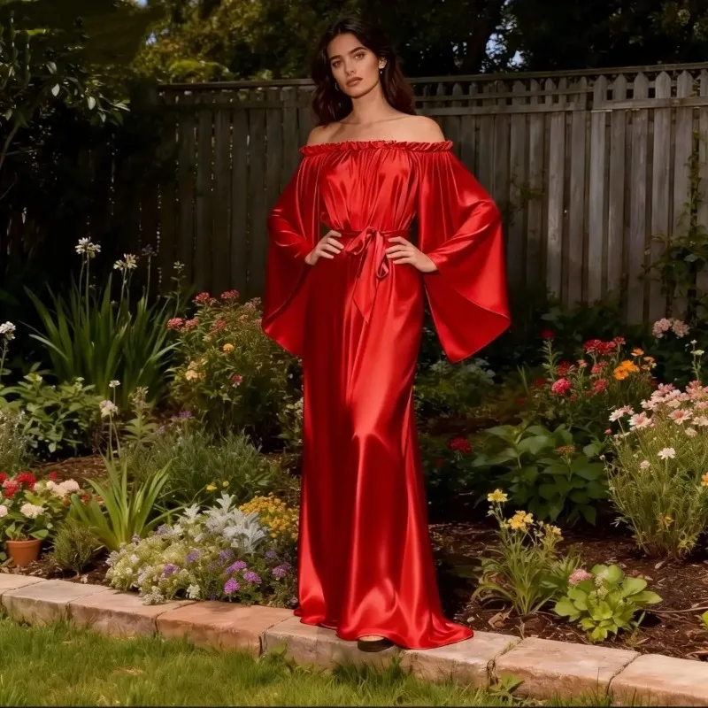 

Female Male Long Dress Glossy Red Ice Silk Satin Long Dress Maxi Dress Flare Sleeve Pullover Elegant Dresses Sleeping Wear Robe