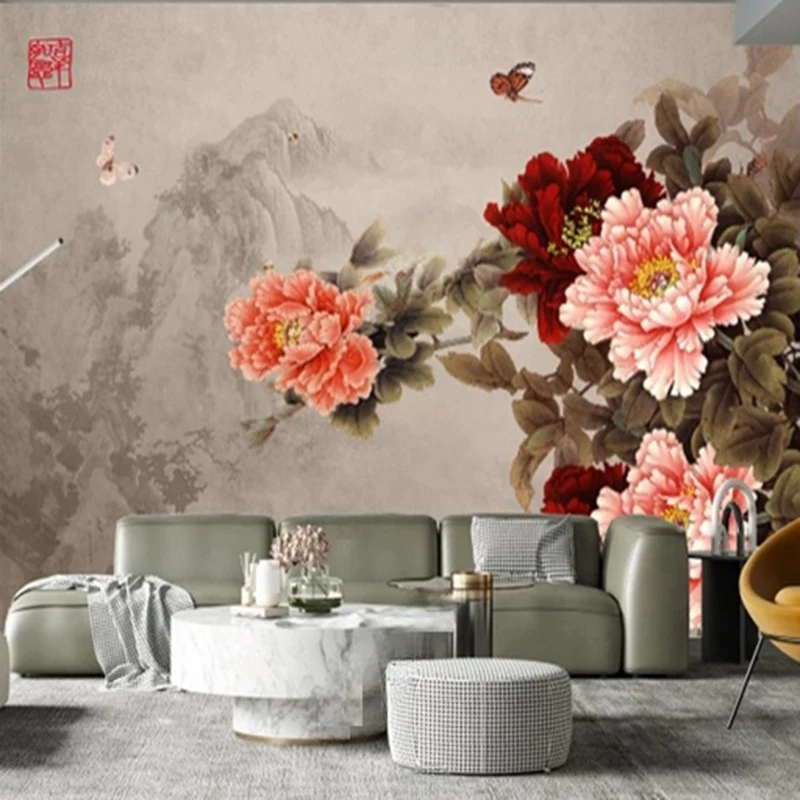 Vintage Hand-Painted Peony Flower Butterfly Wallpaper Murals - Custom Wall Art Decor Background Wall Coverings for Room
