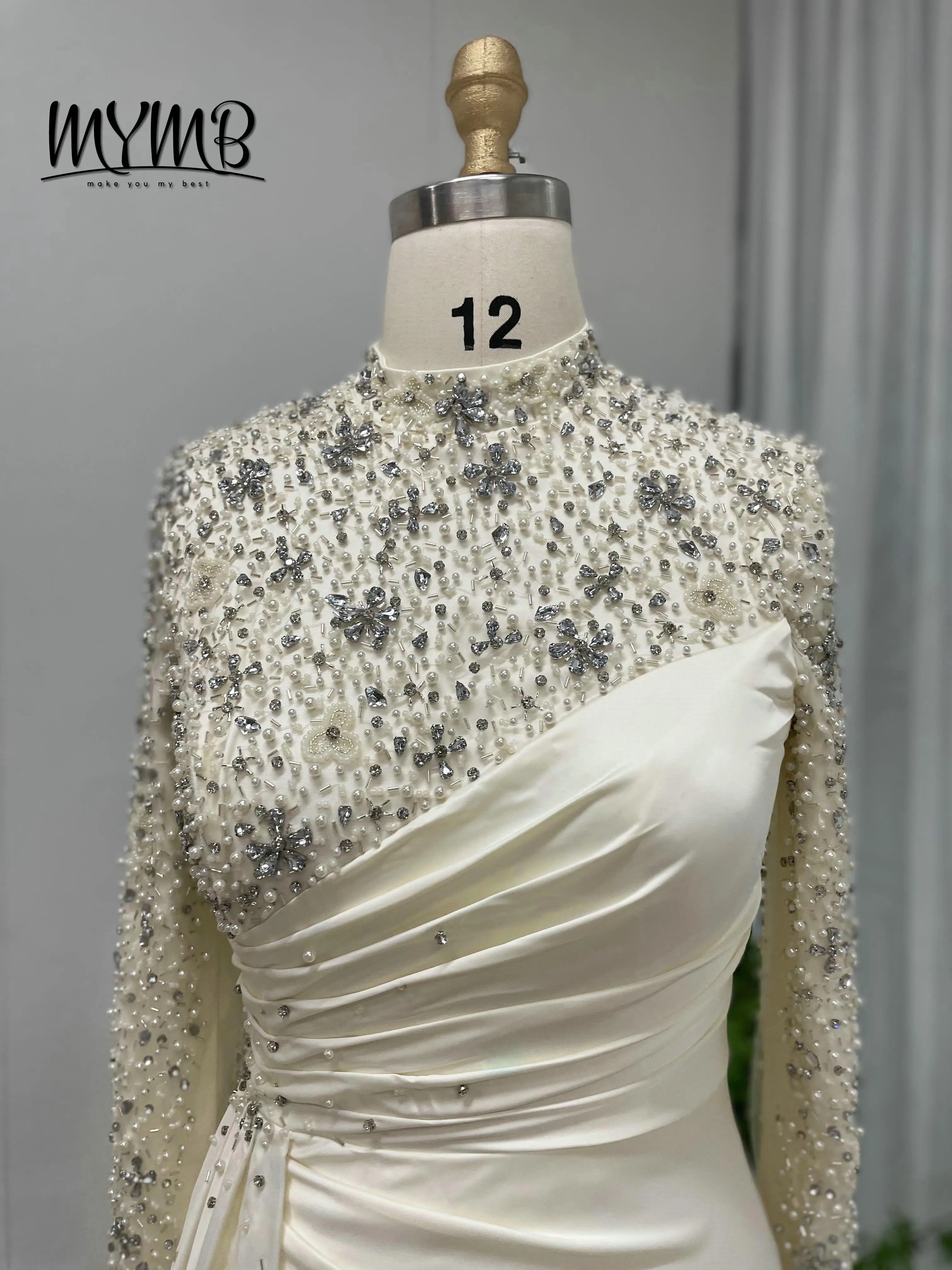 فساتين سهرة جديدة من MYMB بأكمام طويلة ورقبة عالية في دبي مقاس كبير للنساء بطول الأرض لؤلؤ للحفلات الراقصة للولائم MY30049 #3