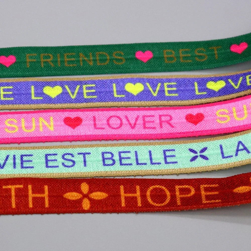 DHK 5/8\'\' 5yards Love Sun Hope Friend Printed Fold Elastic FOE Stretch Ribbon Accessories Craft DIY Sewing E2172