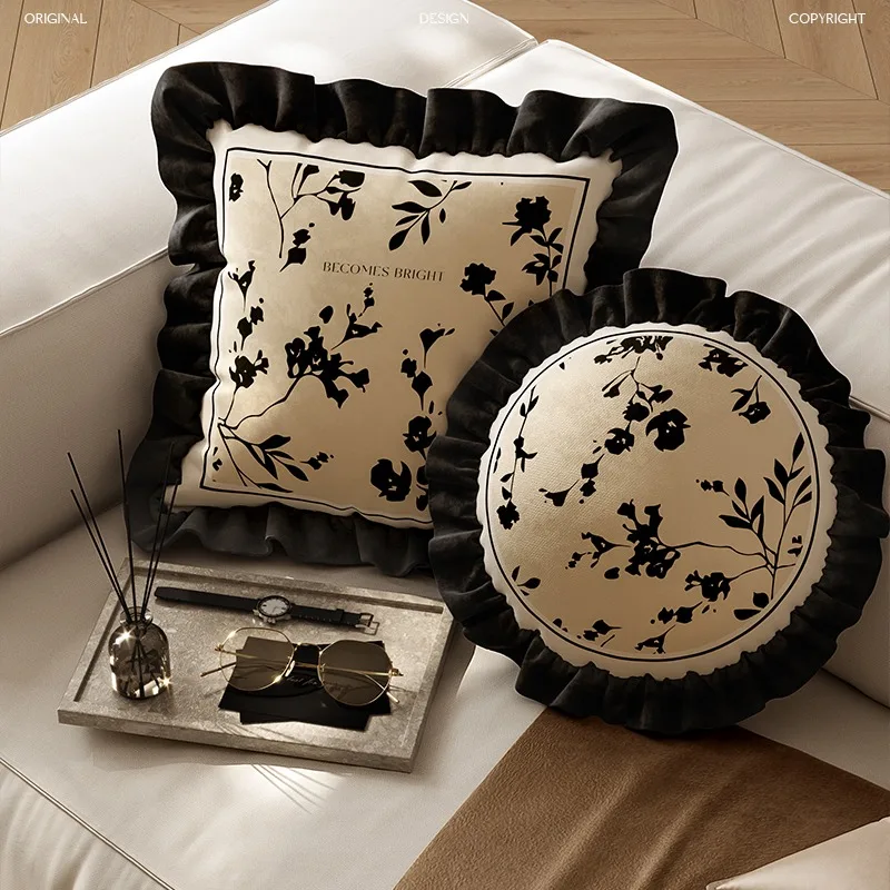 Floral Throw Pillow Covers,Beige,Vintage Farmhouse Cushion Shams,Black Lace,Exquisite for Home Bed Couch Sofa,45x45cm Square
