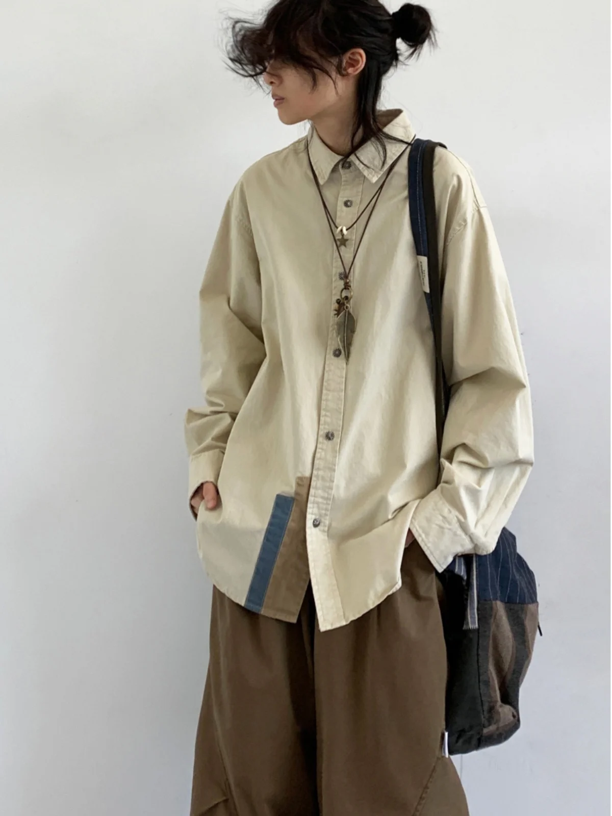 Loose Fit Retro Japanese Style Shirt with Patchwork Casual Long Sleeve Square Collar Men's Spring Autumn New Arrival