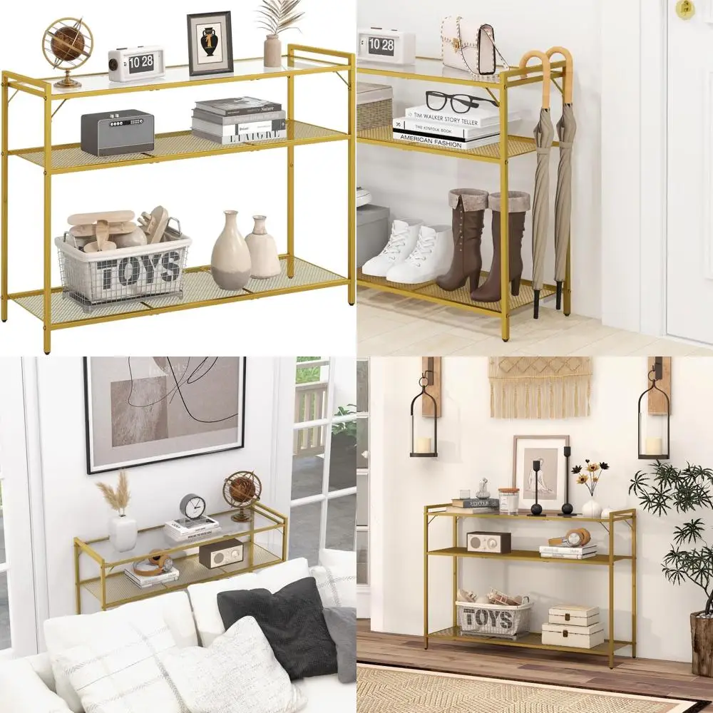 

3-Tier Slim Console Table, 40.6 Gold Tempered Glass Entryway Furniture, Modern Design for Hallway, Behind Sofa, Easy Assembly