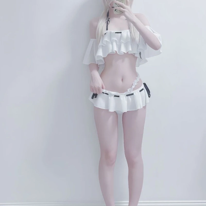 New Sweet Kawaii Anime Cosplay 2 Piece Bikini Set Women Ruffle Bow Decor Off Shoulder Halter Neck Slim Fit Beach Vacation Outfit