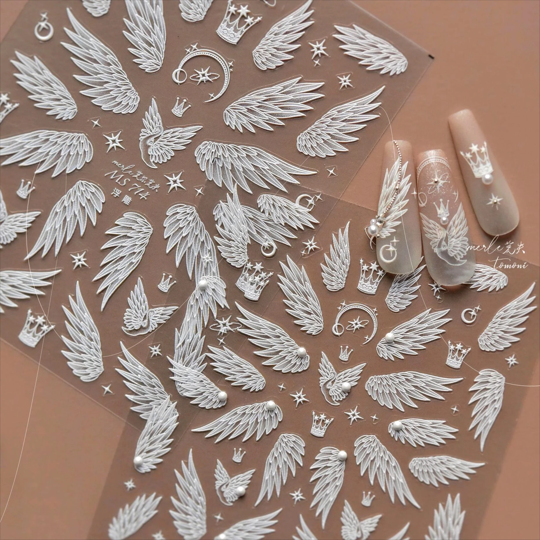

Charming White Shiny Pearl Rhinestone Wings Feathers Crown Moon Stars 3D Self Adhesive Nail Art Sticker Manicure Decal Wholesale