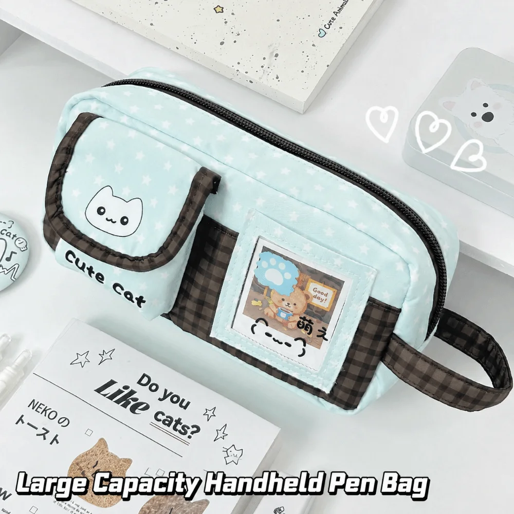 Durable Mint Chocolate Pencil Case Cat Print Large Capacity Pencil Pouch Multi Compartment Stationery Organizer Bag Gift
