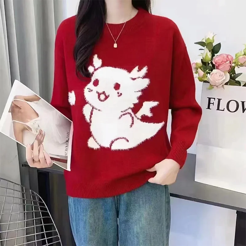 Women Clothing Sweaters Cute Cartoon Loose Fashion Chinese Style Pullovers Early Spring Red Knitted Top Knitwear Dragon Year New