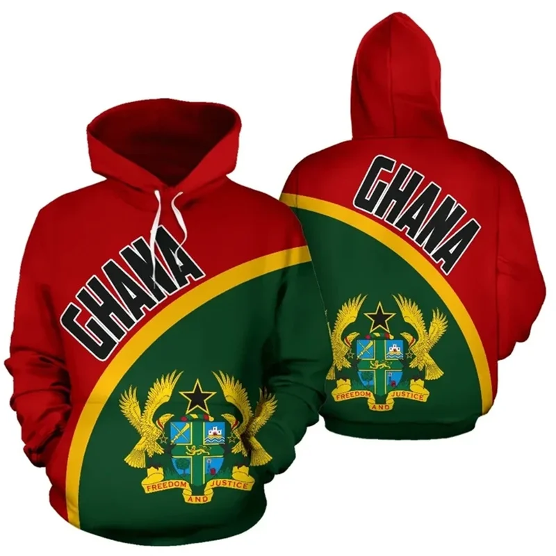 Sudaderas con capucha con patrón de bandera de Ghana para hombre, sudadera con estampado 3D de emblema nacional de manga larga, ropa de calle informal, jerséis de gran tamaño