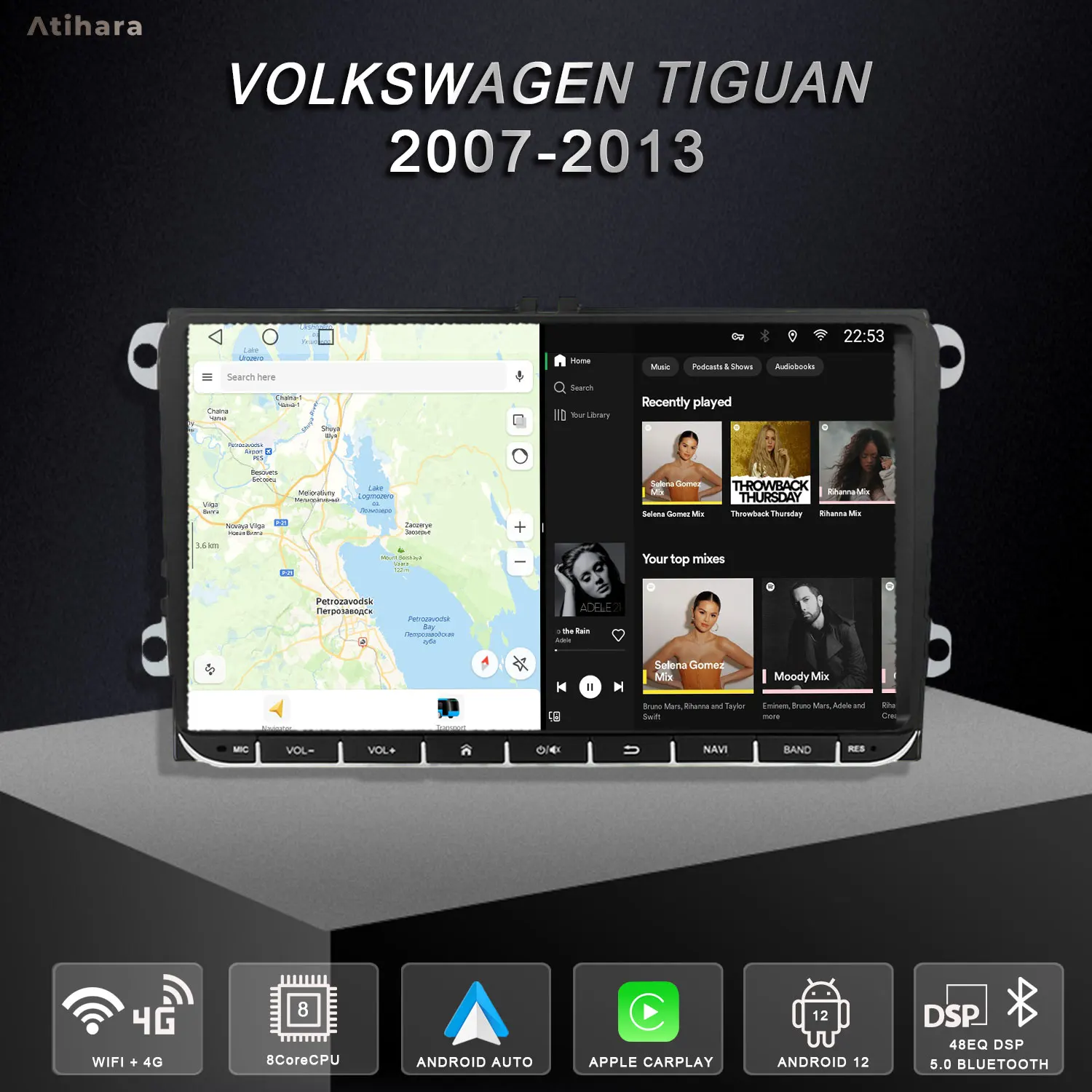 

Atihara 9-дюймовый автомобильный радиоприемник Carplay Android Auto для Volkswagen Tiguan 2007-2013, WIFI + 4G AM/FM RDS стерео DSP мультимедийный видеоплеер