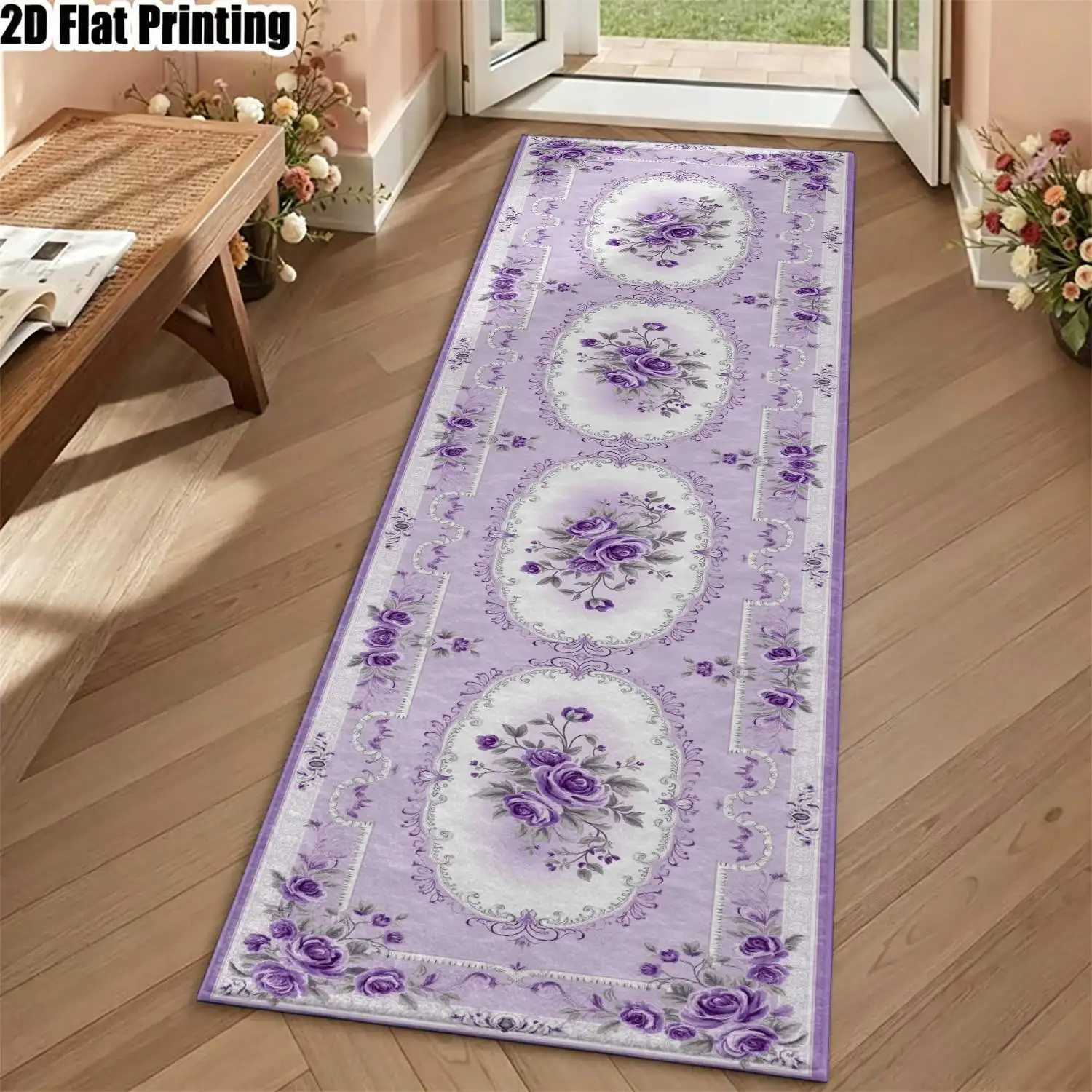 1Pc 2D Printed Long Strip Rug: Purple Floral, European/Bohemian Style, Geometric, Home Decor, Multi-Size, Machine Washable, for Entryway, Hallway, Living Room, Bedroom