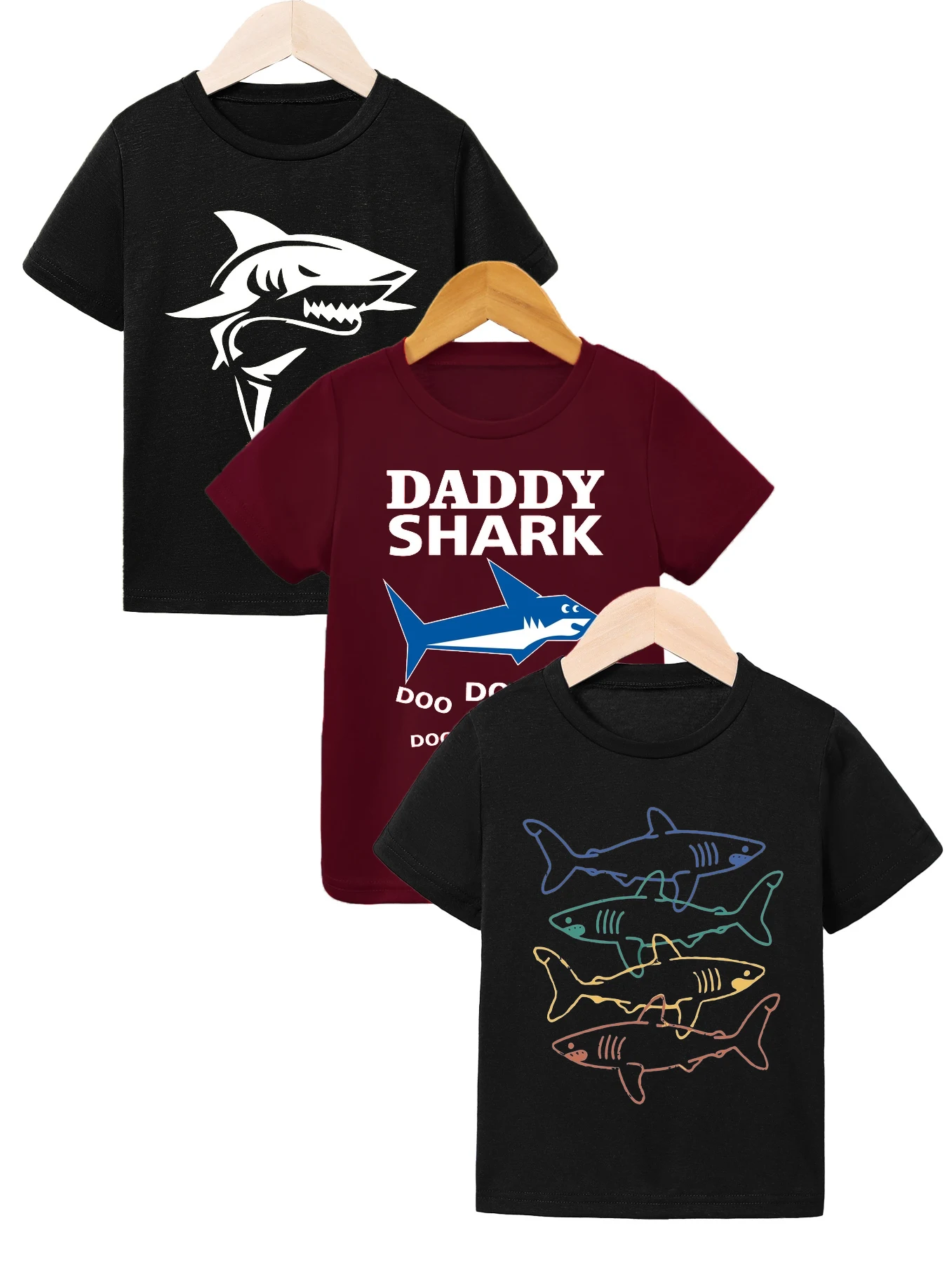 

3 шт.: Летняя повседневная футболка для мальчиков — мультяшный потрясающий принт акулы