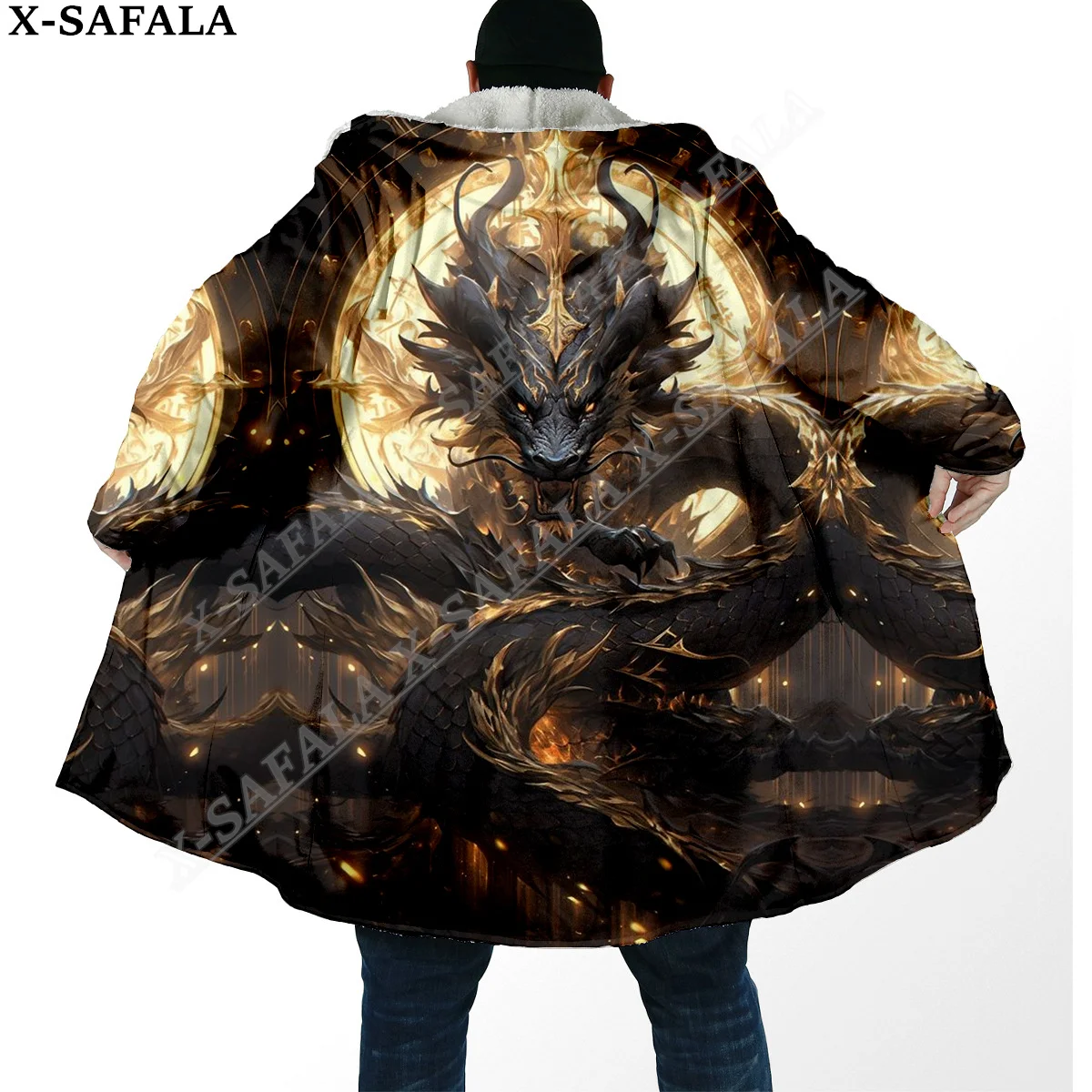 Mysterious Myth Dragon Art Moon 3D Print Dream Cloak Thick Warm Hooded Men Overcoat Coat Windproof Fleece Cape Robe Blanket-7