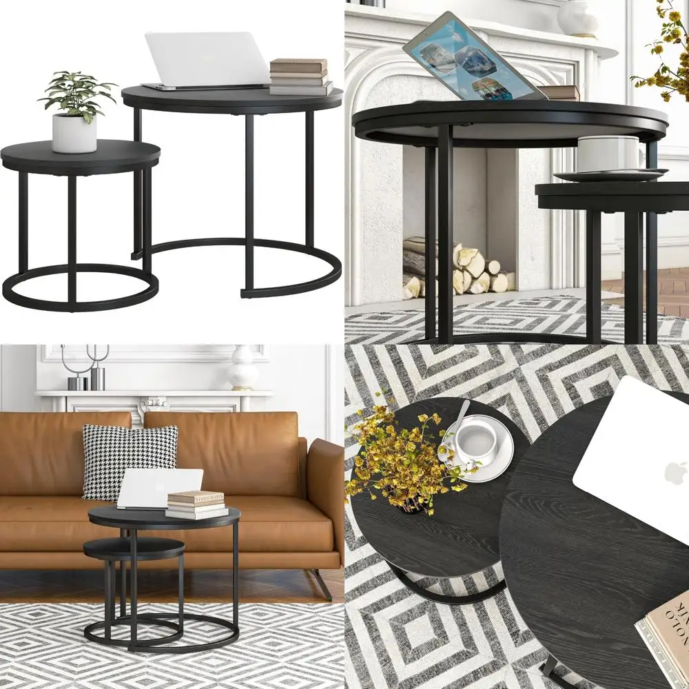 Modern Black Nesting Coffee Tables Set of 2, Round End Tables for Living Room, Farmhouse Style Wood Side Tables