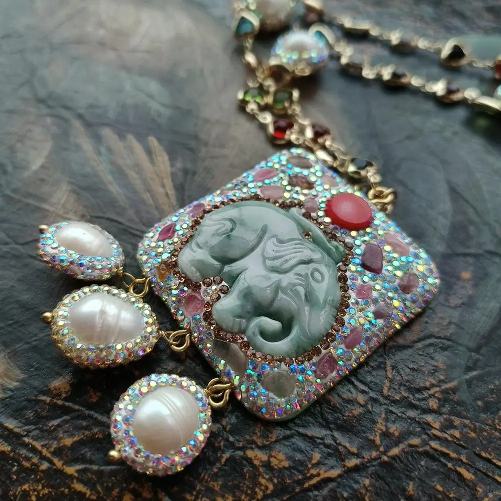 Y·YING Freshwater Cultured White Rice Pearl Crystal Pave Rosary Chain Neckace Natural Jadeite Carved Elephant Pendant