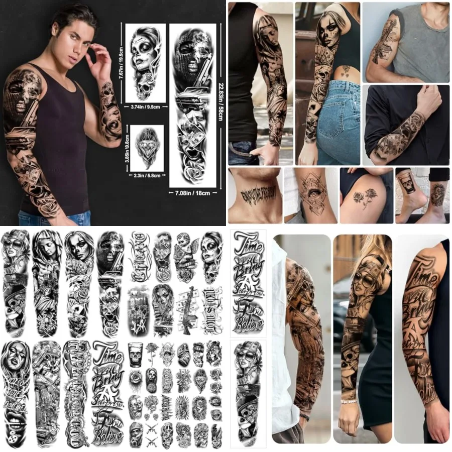 

46 Large Chicano Temporary Tattoo for Men Women, Full Arm Day of the Dead Gangster Prisoner Fake Tattoos Mexico Cholas Lowriders Clown Tattoos, Tiny Cosplay Body Tattoos Stickers Realistic Adult Kid