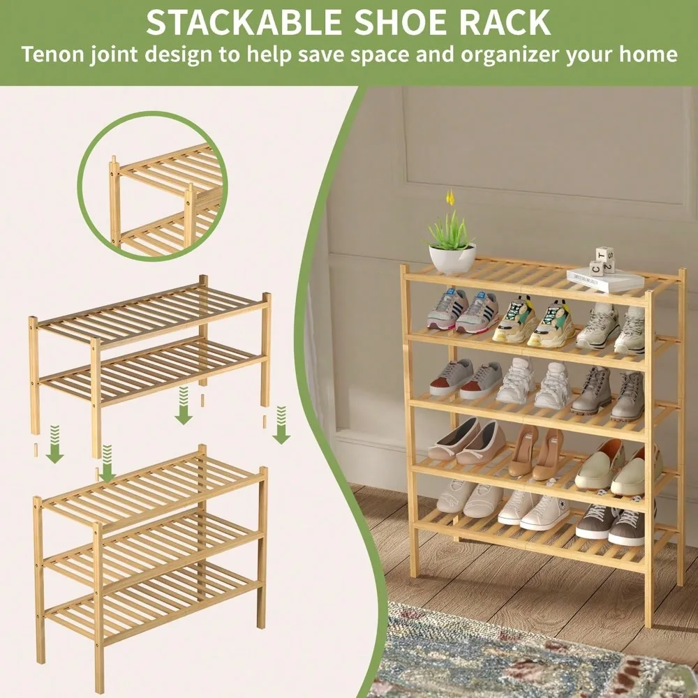 3 Tier Bamboo Shoe Rack For Closet Free Standing Wood Shoe Shelf Storage Organizer For Entryway Small Space Stackable