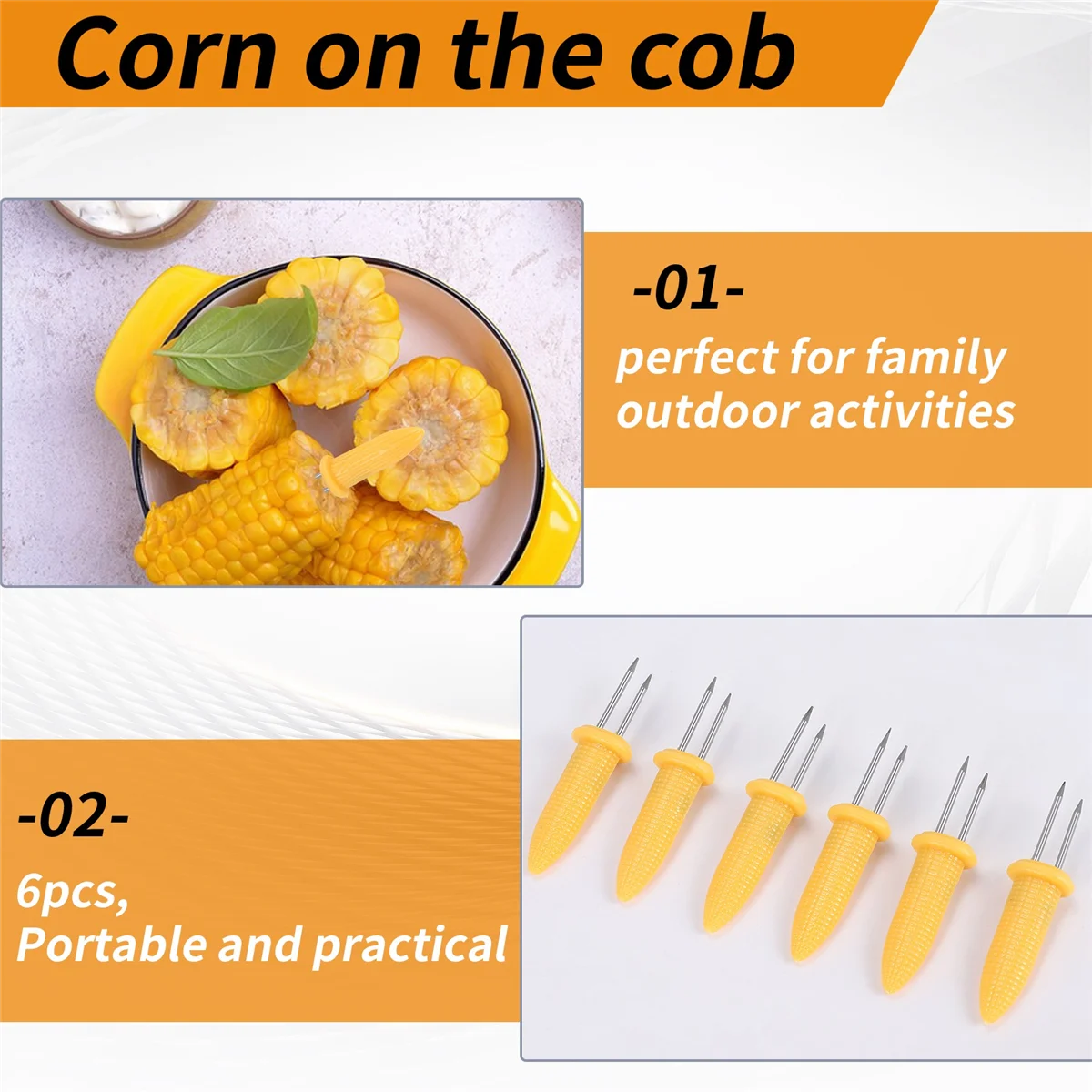 Nuevo 6 piezas de estante para maíz, estante para maíz en espiga, estante para maíz de acero inoxidable, brochetas con mango de silicona