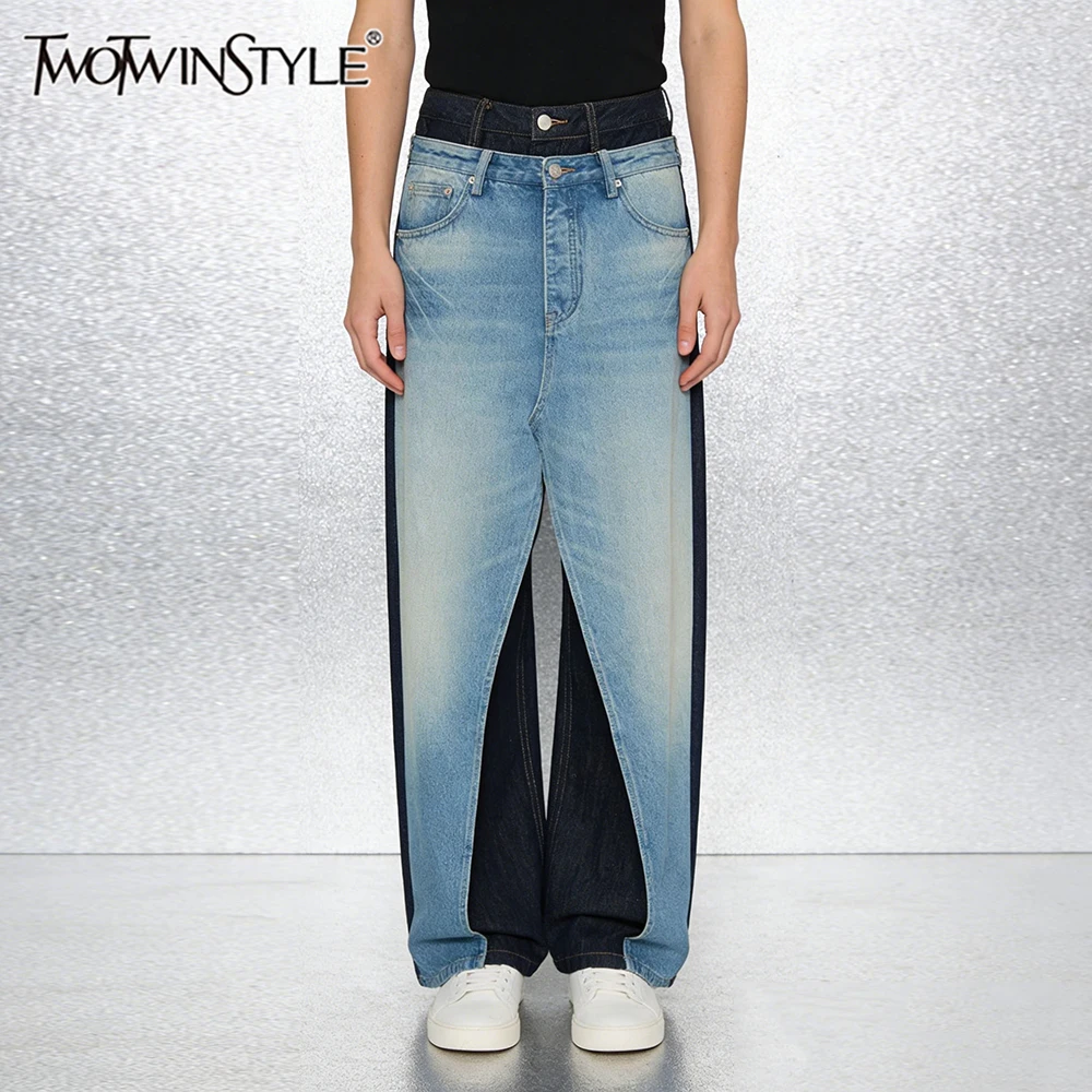 TWOTWINSTYLE Stylish Street Style Contrast Denim Jeans for Women Double Waistband Design Washed Wide Leg Pants for Trend Events