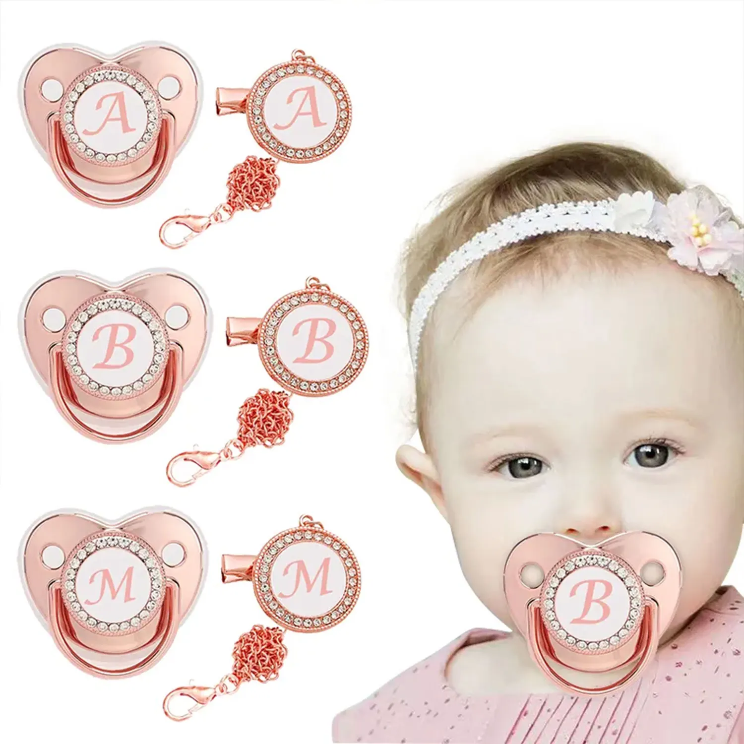 Baby silicone pacifier with lid and chain, rose gold English letters, suitable for babies aged 0-36 months, BPA free