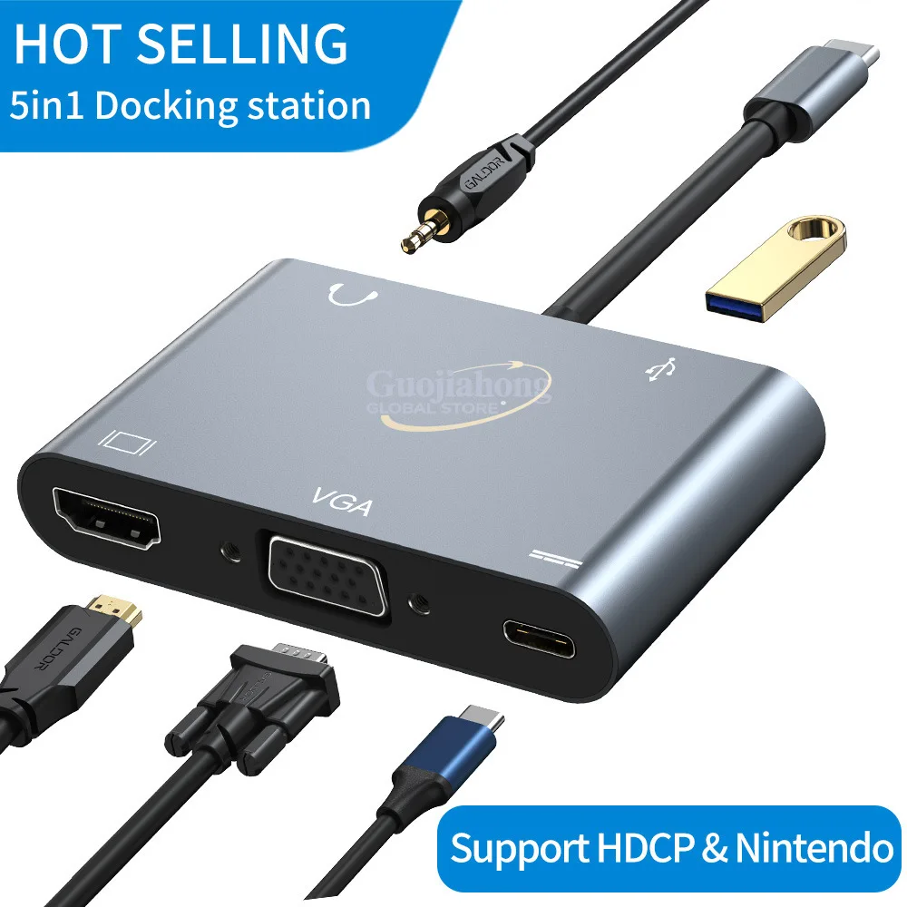 Cross-border USB-c high definition hubvgaPD power supply, suitable for    computer five-in-one docking station multi-i