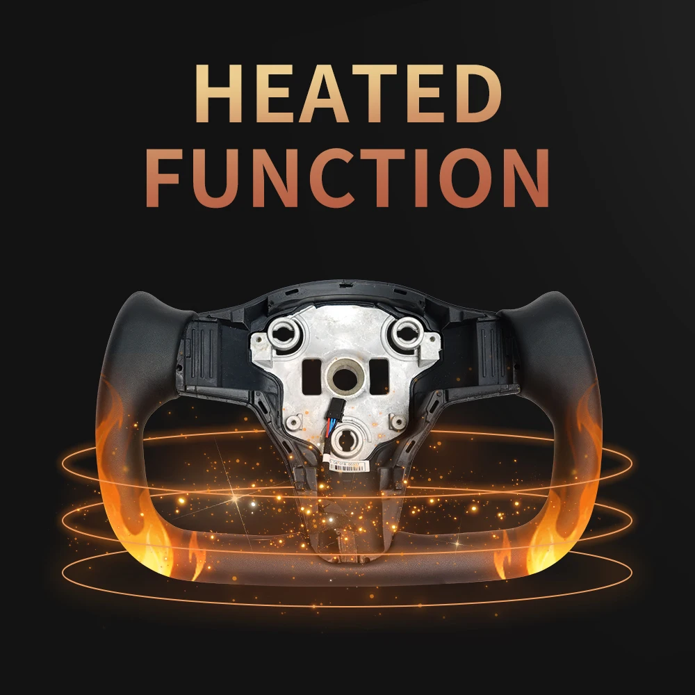 Yoke Racing Steering Wheel, Black Microfiber Leather without Front Trim for Tesla Model 3/Y 2017-2023 With Heating Function