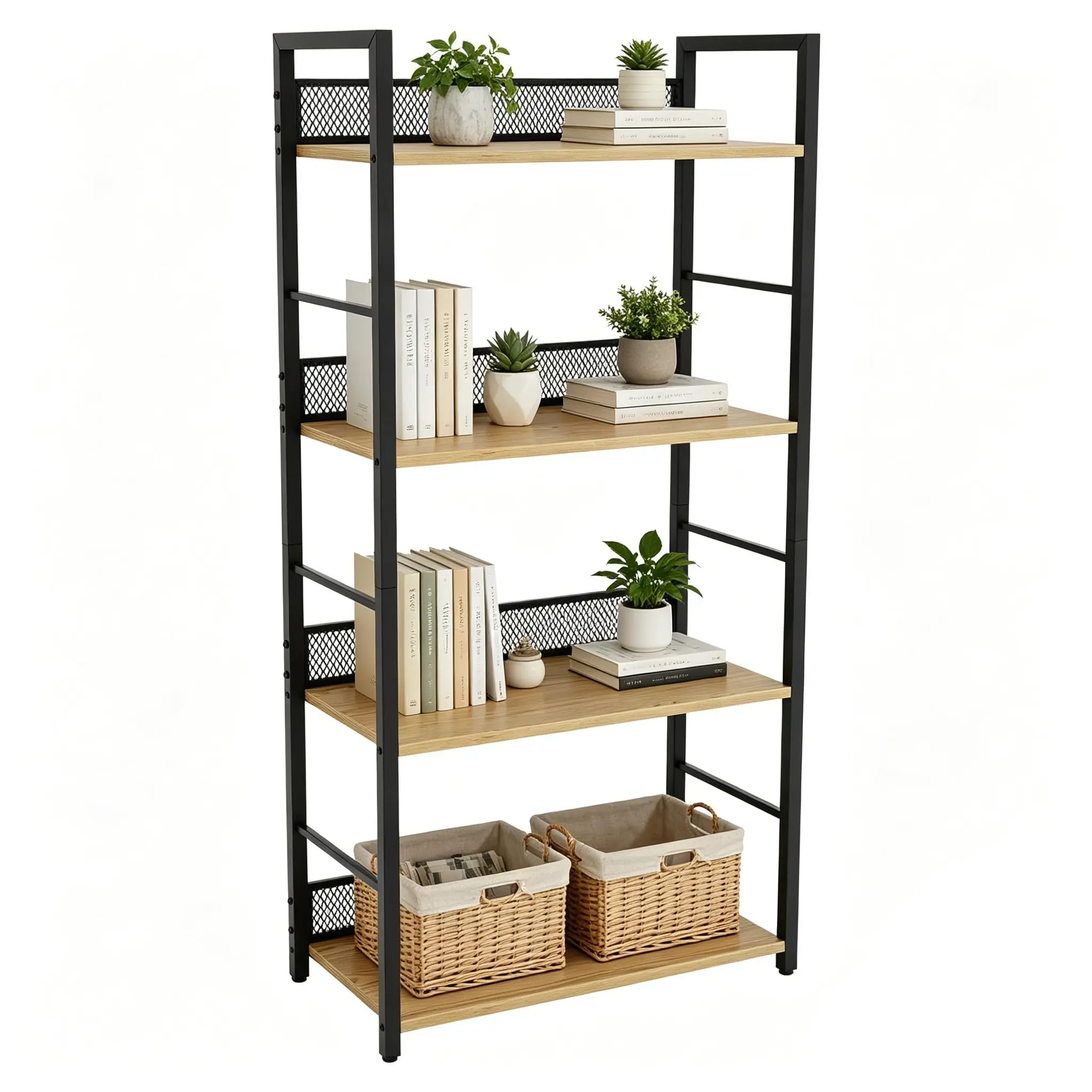 4-Tier Industrial Bookshelf with Diamond Mesh Guard – Tall Narrow Bookcase, Metal & Wood Display Shelf, Vertical Storage Rack for Bedroom, Living Room, Home Office