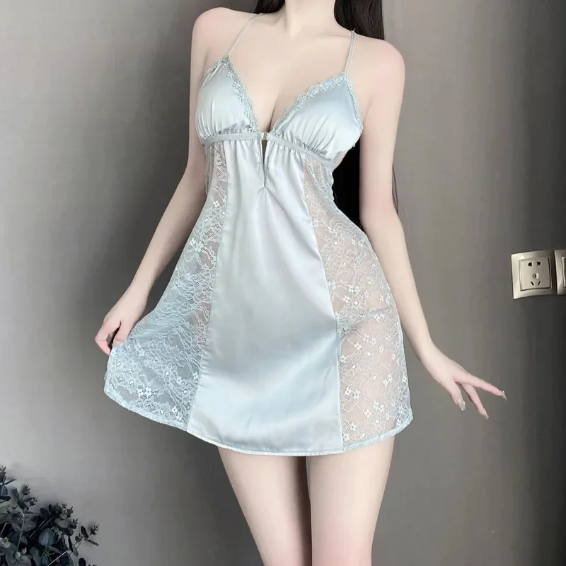 Nolia Women's Sexy Lace Ice Silk Summer Nightgown Strap Sleepwear Lightweight Pure Color Breathable Short Skirt Design Hot 5d4;