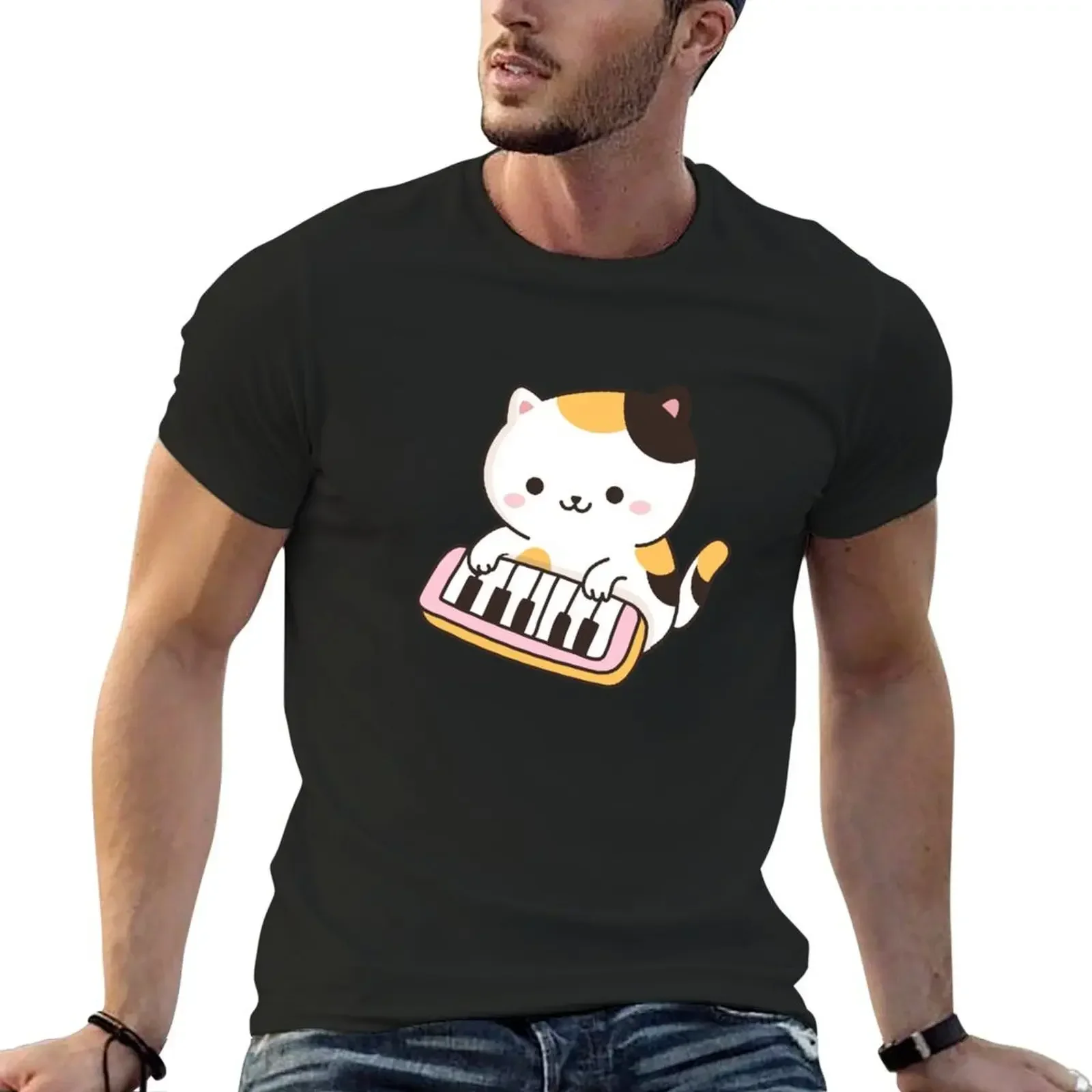 

Cute Cat Playing Piano T-Shirt shirts graphic essential t shirt graphic t shirt vintage T-shirts for men cotton