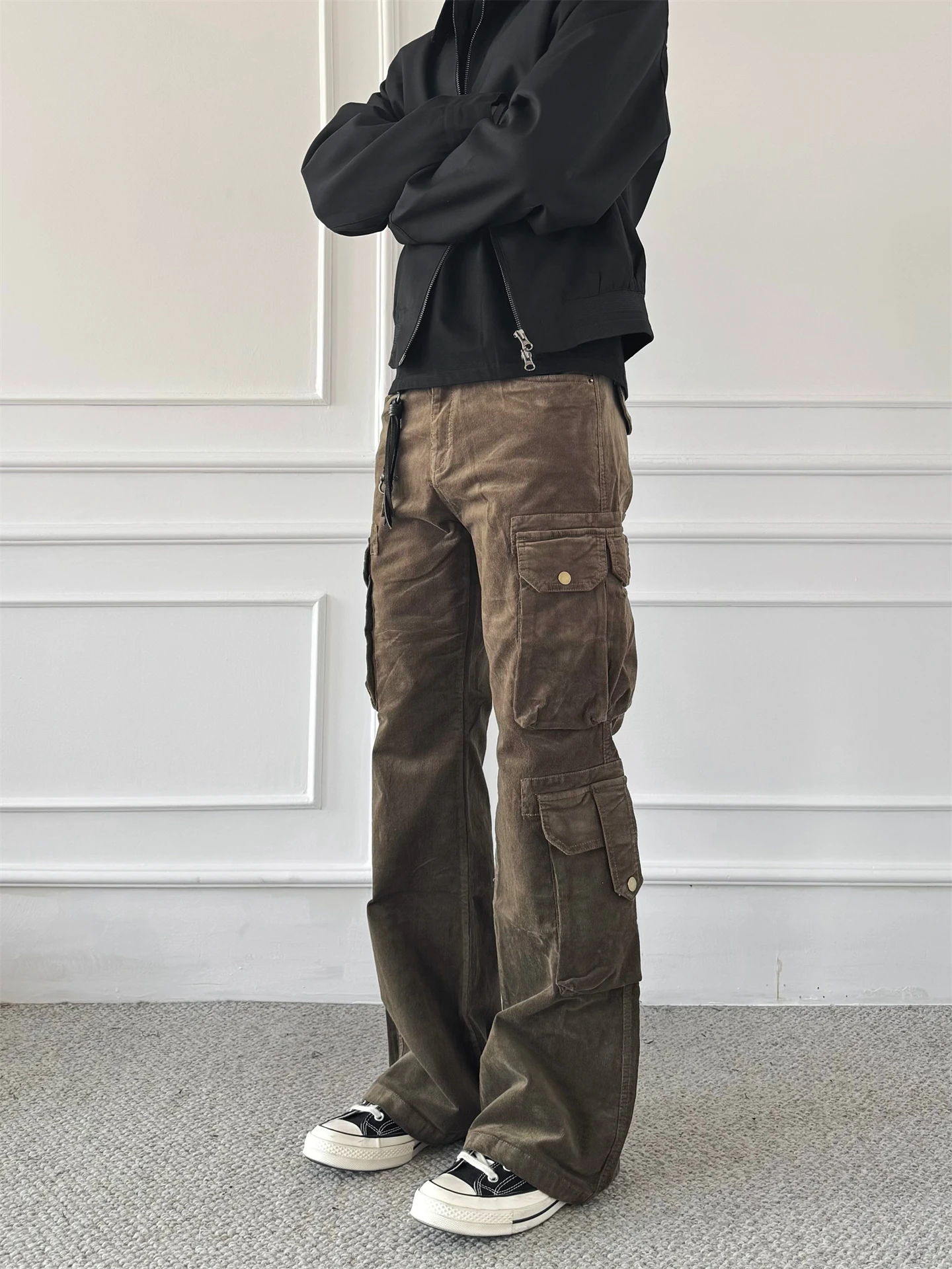 

American Retro Men's Loose Fit Cargo Corduroy Work Pants Multi-ket Casual Long Trousers CleanFit Loose Sle Comfortable