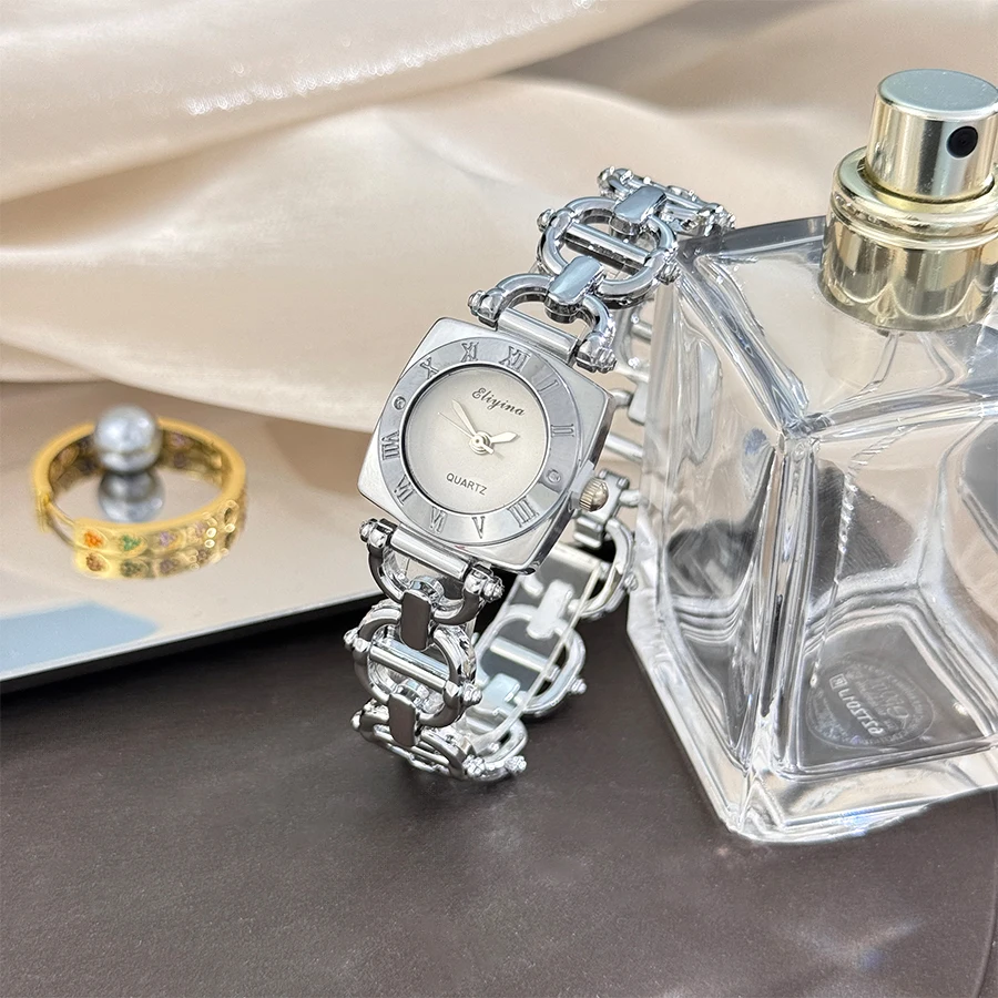 High-End Women's Skeleton Design Watch Square Roman Hour Markers Light Luxury Fashion Cross-Border Best-Seller Ladies Watch