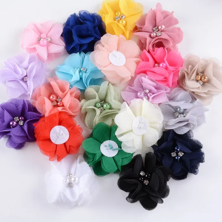 10pcs/lot Cute Chiffon Flowers with Pearl Rhinestone for Baby Girls Headband Hair Clips Diy Headwear Head Accessories