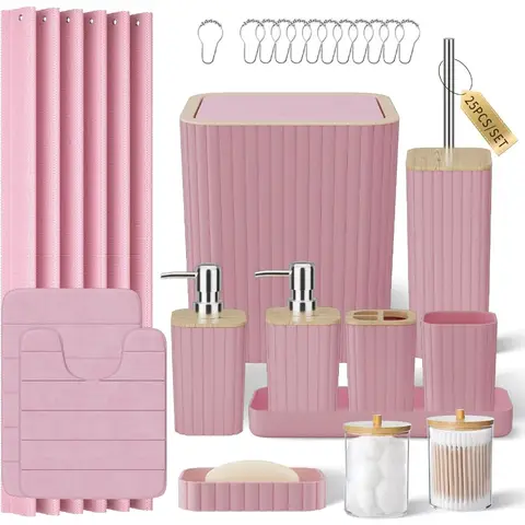 Bathroom Accessories Set 25PC Pink Bathroom Set with Shower Curtain and Rugs for Modern Home Bathrooms Includes Toilet Brush Ba