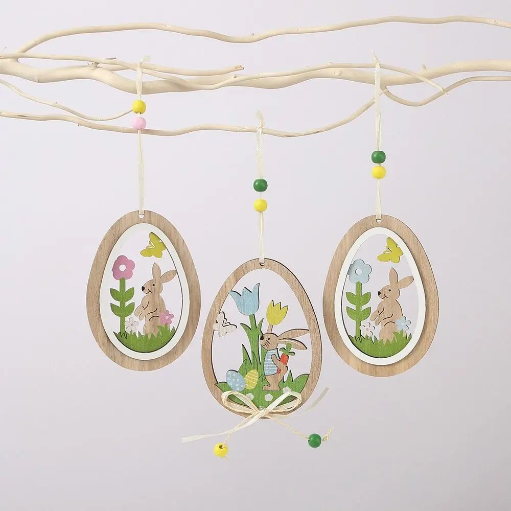 Easter Decor Easter Ornaments Easter Egg Wood Material Wooden Ornaments Bunny Egg Design Hanging Ornaments Home Decor