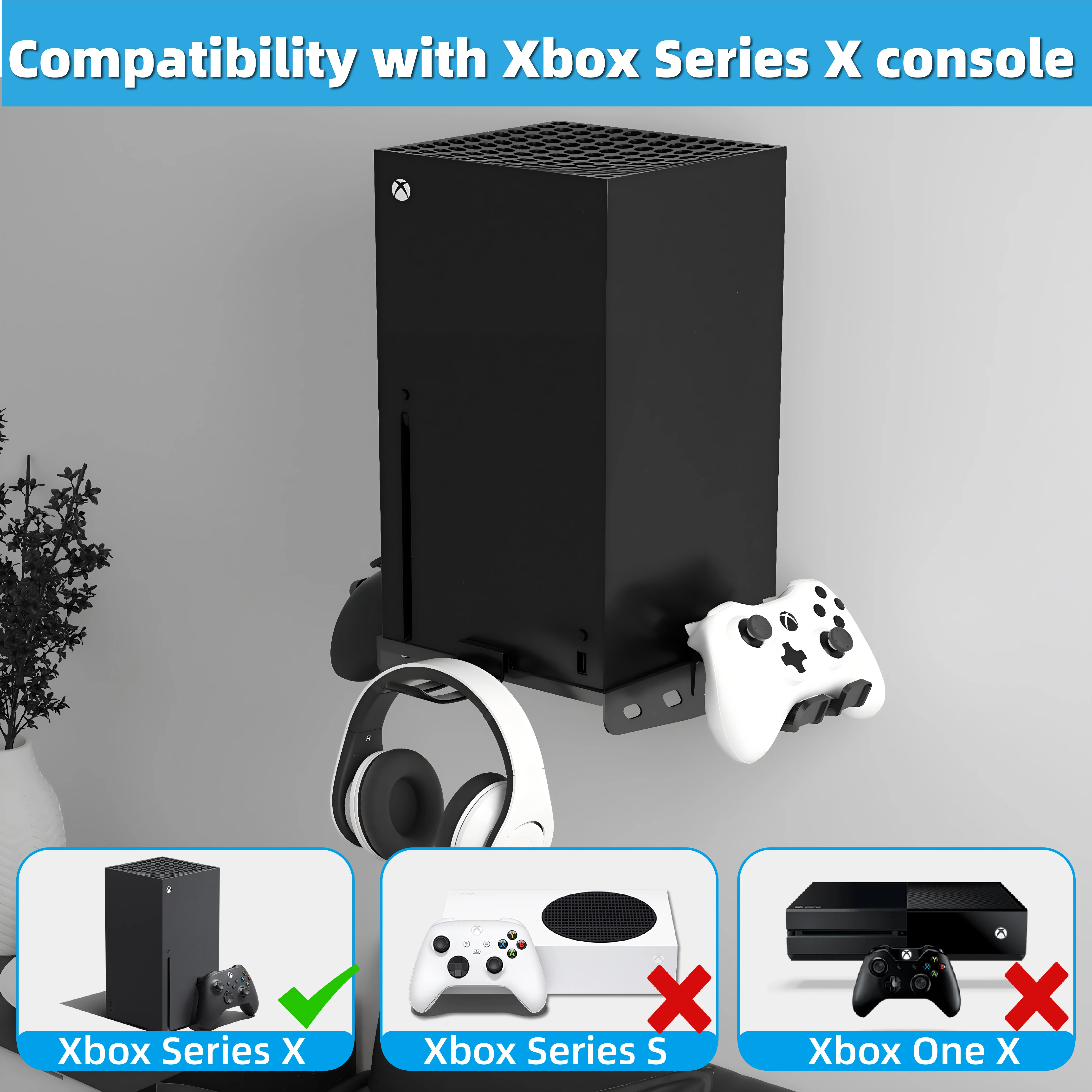Wall Mount for Xbox Series X– Heavy-Duty Metal Console Holder with 2 Controller Holder and 1 Headphone Stand