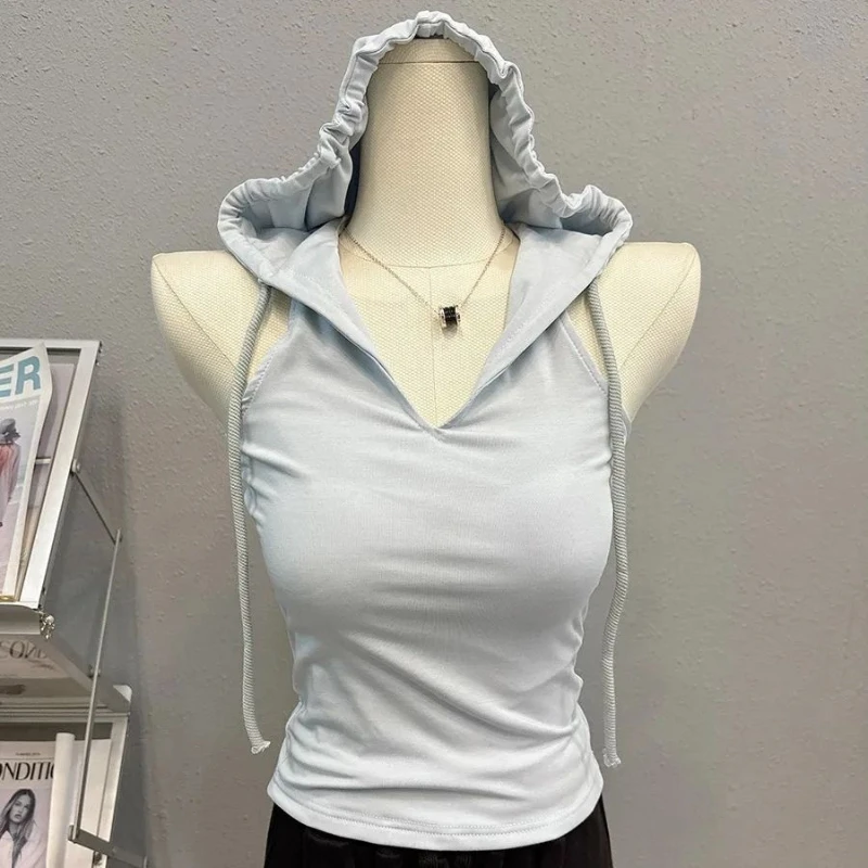 

Summer design sense V-neck sexy hot girl sleeveless hooded slim fit vest American hot girl casual sports trend top